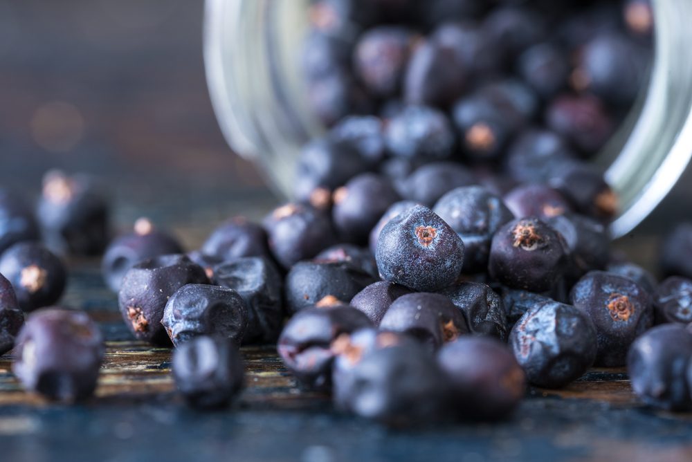 Juniper berries spilled from a spice jar